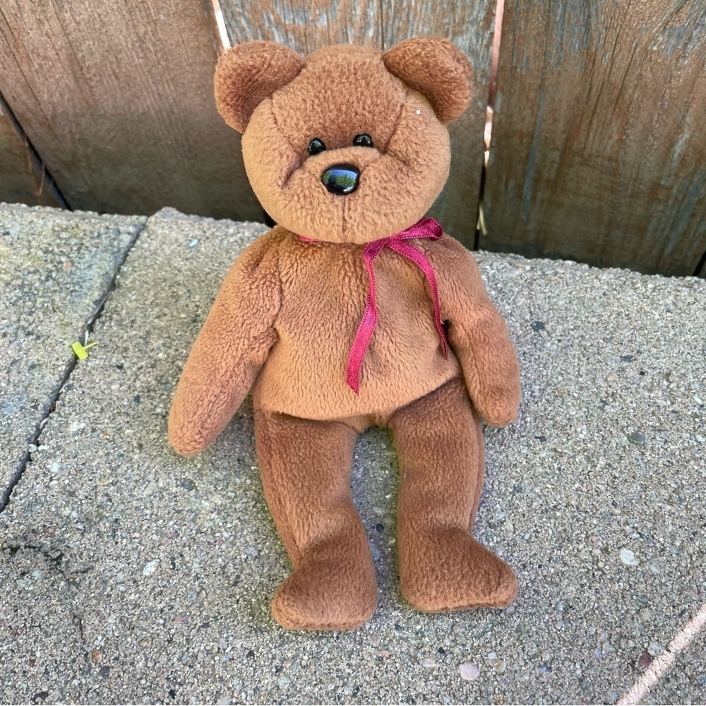 TY Teddy Beanie Baby Brown Teddy Bear with Red Bow Stuffed Animal